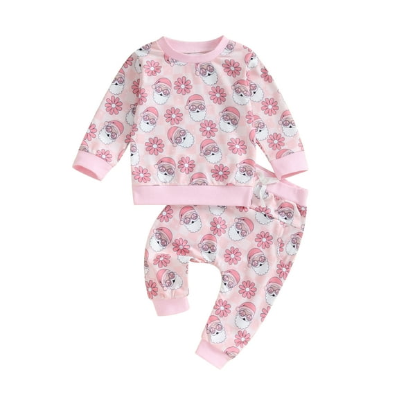Bagilaanoe 2Pcs Toddler Baby Girl Christmas Clothes Santa Claus Print Long Sleeve Sweatshirt Tops Sweatpants 6M 12M 18M 24M 3T 4T Kids Long Pants Set