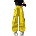 thumbnail image 4 of CPNG Girls Casual Cargo Jeans Teen Girls Wide Leg Straight Solid Color Pants Daily Elastic High Waisted Denim Trousers(Yellow,4-5 Years), 4 of 9