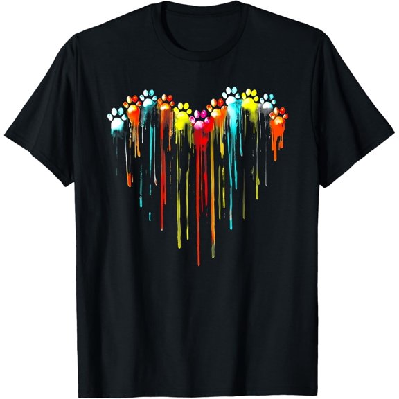 colorful dog paw heart print T-Shirt men and women can wear, black, white, gifts
