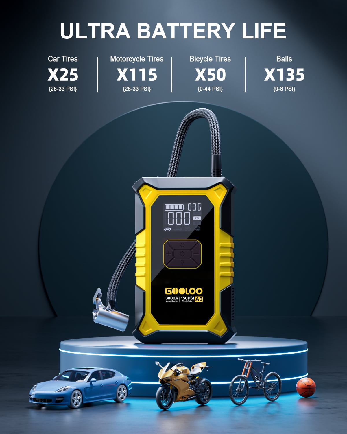 GOOLOO A3 Car Jump Starter with Air Compressor, 3000A 150PSI Portable Car Battery Jump Starter(9.0L Gas/6.5L Diesel) with Digital Tire Inflator, 12V Jump Box Car Booster with LED Light