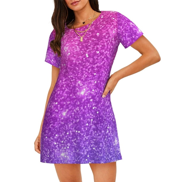 Balery Purple Glitter Camisón de manga corta con cuello redondo para mujer, cómodo y elegante.