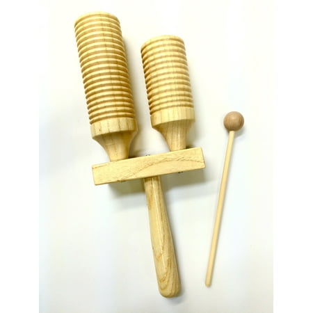 Double Wood Tone Block and Guiro with Mallet - High and low pitch percussion musical instrument