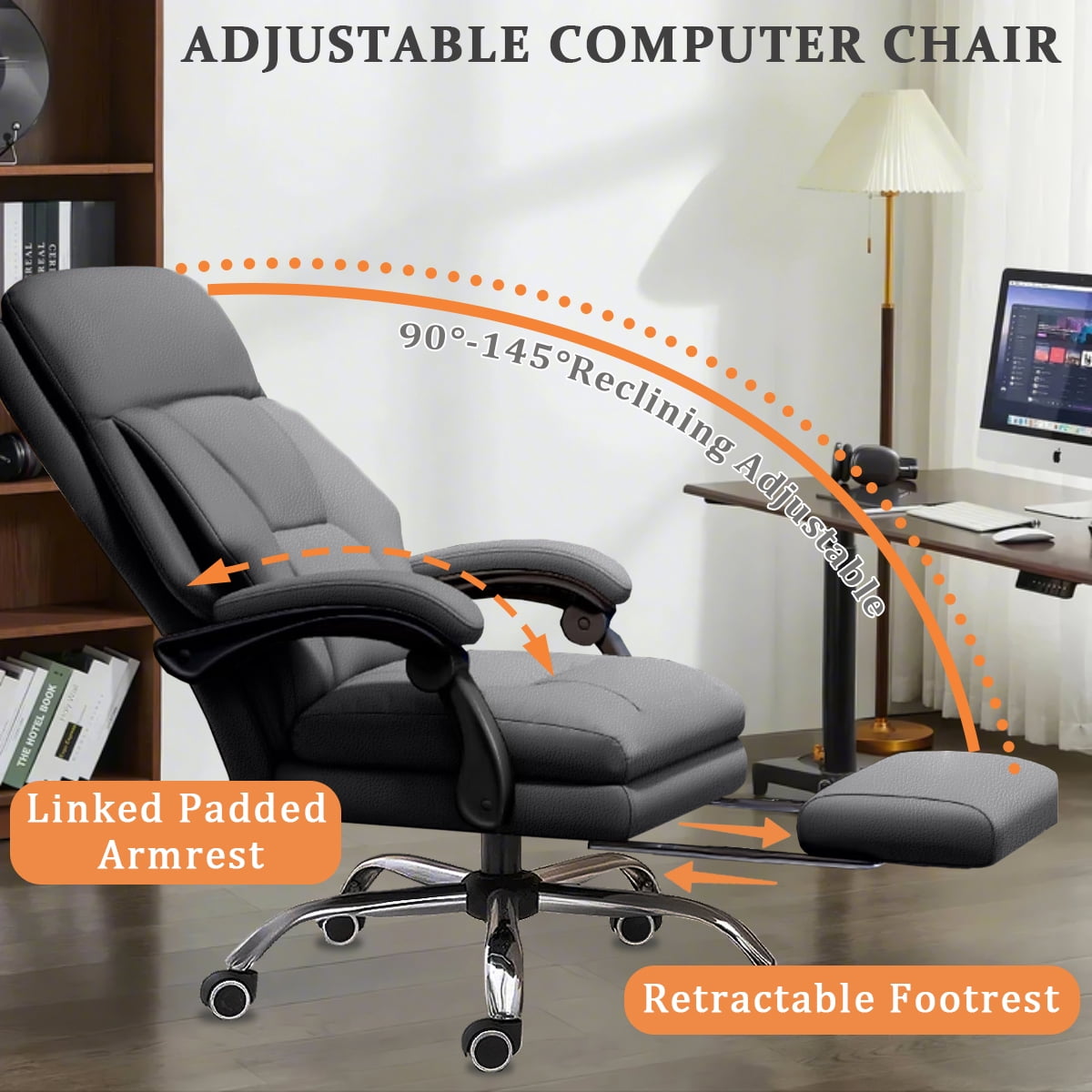 XUEGW Executive Office Chair Comfortable Desk Chairs with Foot Rest High Back Computer Gaming Chairs Reclining PU Leather Work Chair for Home Office,Gray
