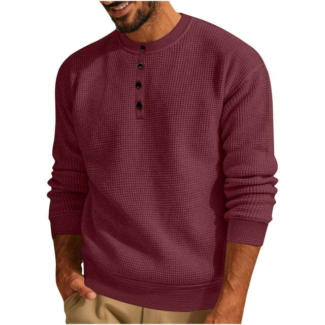 Yuyuzo Sweatshirts pour Men Manches Longues Quart Bouton Décontracté Col Rond Couleur Unie Pull Texturé Tops