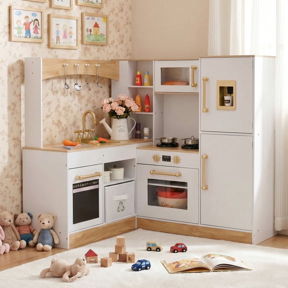 Pirecart Corner Play Kitchen for Kids with Sound & Light Wooden Toddler Kitchen Playset with Refrigerator, Stove, Disinfection Locker, Water Dispenser, Sink, White