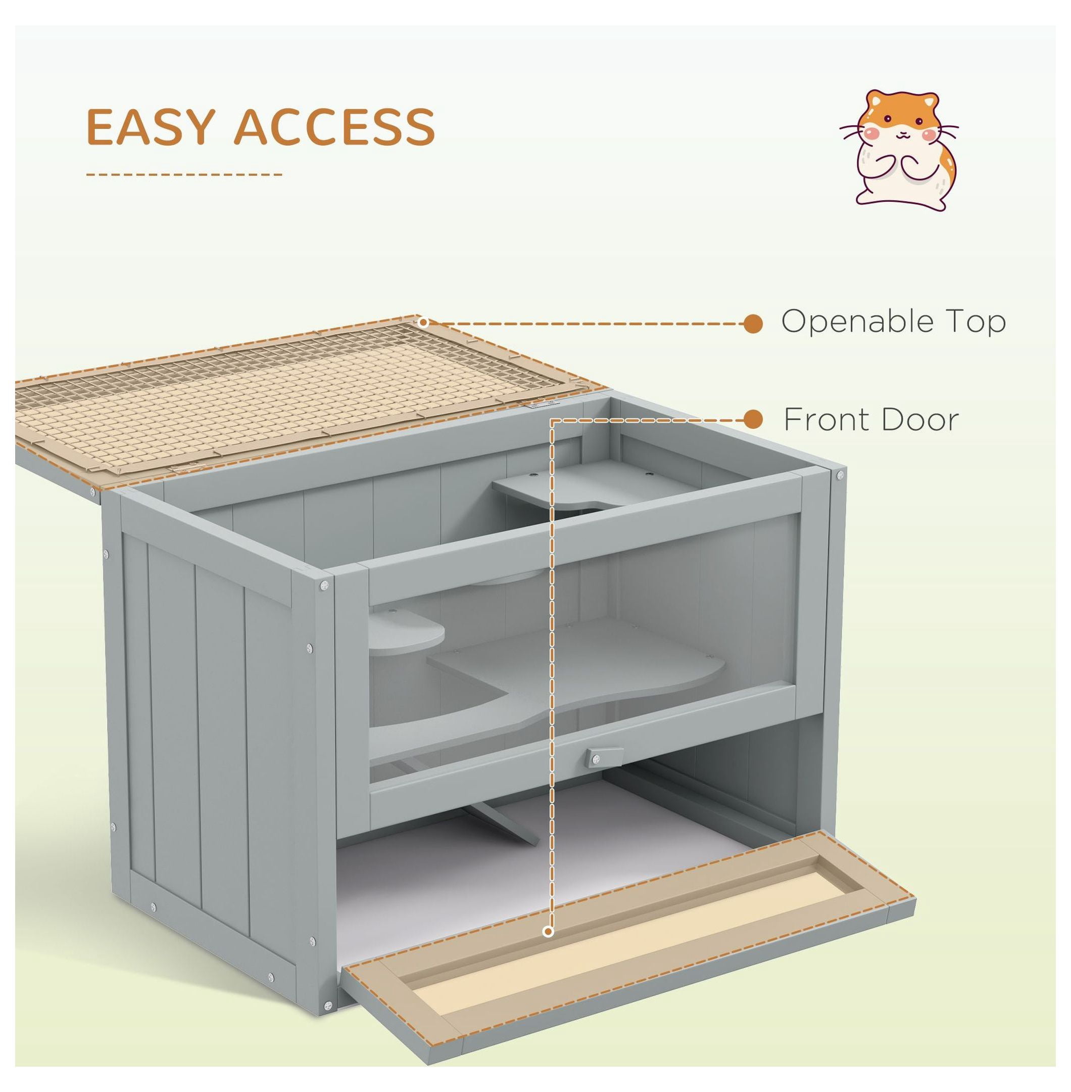 Hamster Cage 2-Level, Wood Small Animal , Open Top & Door, Gray