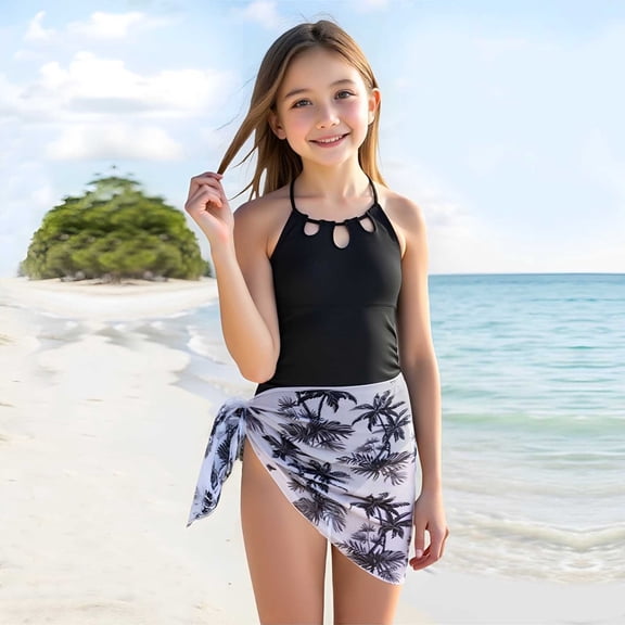 REDARER Girls' Hawiian Coconut Print 2 Piece Swimsuit with Mesh Skirt | Beach Swimwear for Big Kids,Girls Swimsuit,7-8 Years