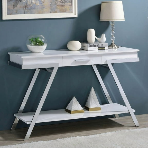 Contemporary White 1pc Sofa Table with High Gloss Chrome Frame and Open Bottom Shelf for Living Room