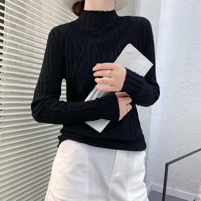 Femmes Automne et Hiver Mode Coréenne Col Montant Demi-Haut Tricot de Base Manches Longues Ajusté Chandail Tricoté Uni Chandail Hauts Ropa