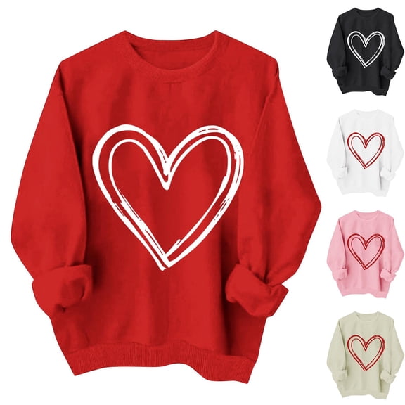Zedker Valentine's Day Shirts for Women's Cute Double Heart Round Neck Casual Long Sleeve Tops for Graphic Tee Black L