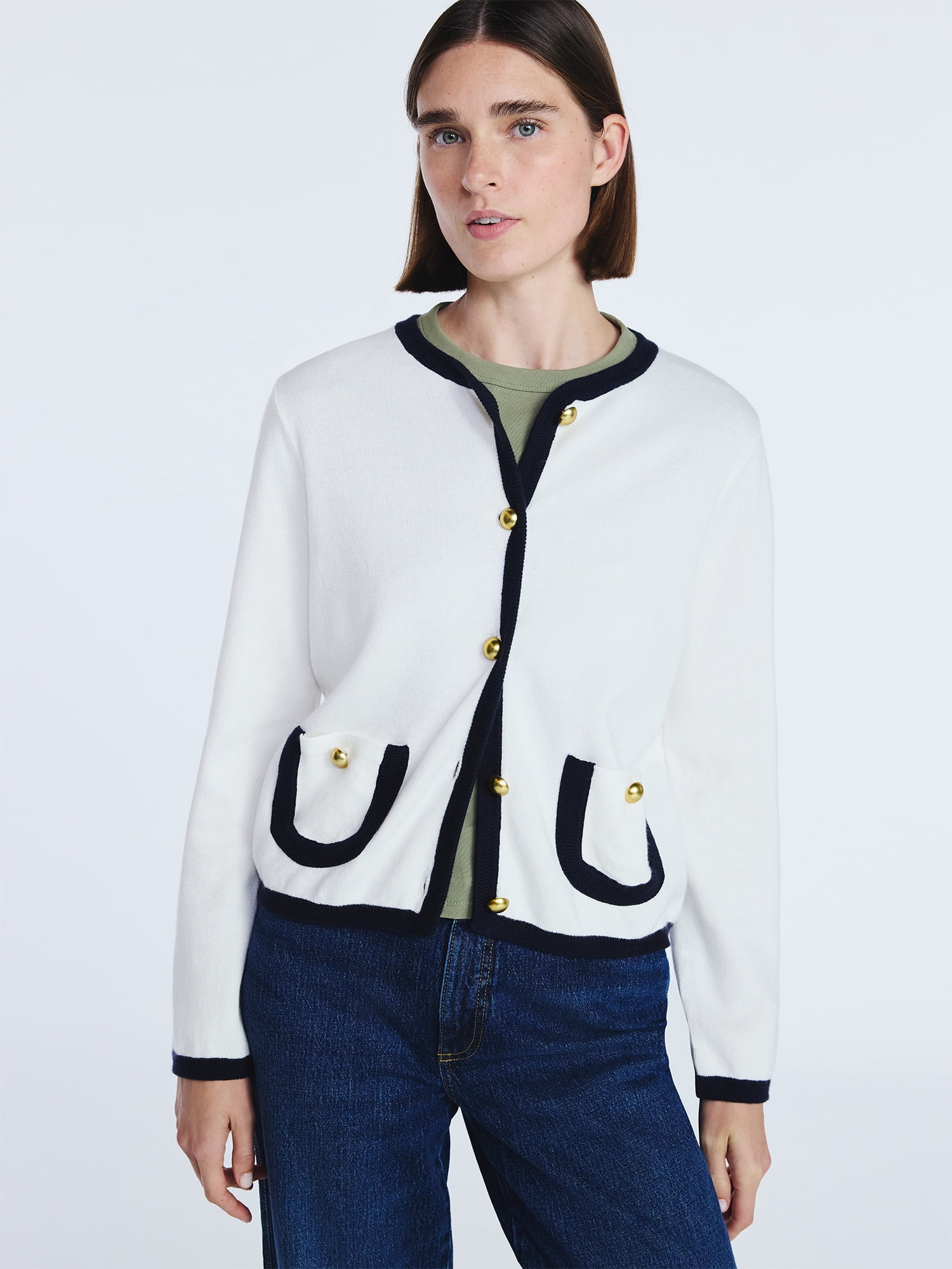 Free Assembly Women's Tipped Patch Pocket Cardigan Sweater, Lightweight, Sizes XS-XXL