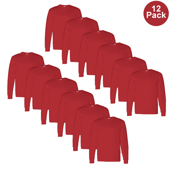 Gildan Men's Long Sleeve Comfortable T-Shirt, Heavy Cotton Crew Neck Durable Red Tee, S, 12 Pack