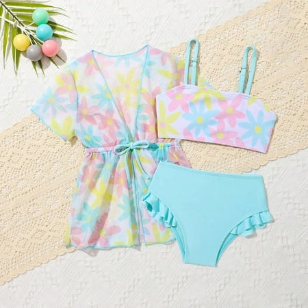 Geire Girls Swimsuits 3 Pieces Flower Print Sunscreen Short Sleeve Drawstring Cover Up Bikini Set Blue 12 Months