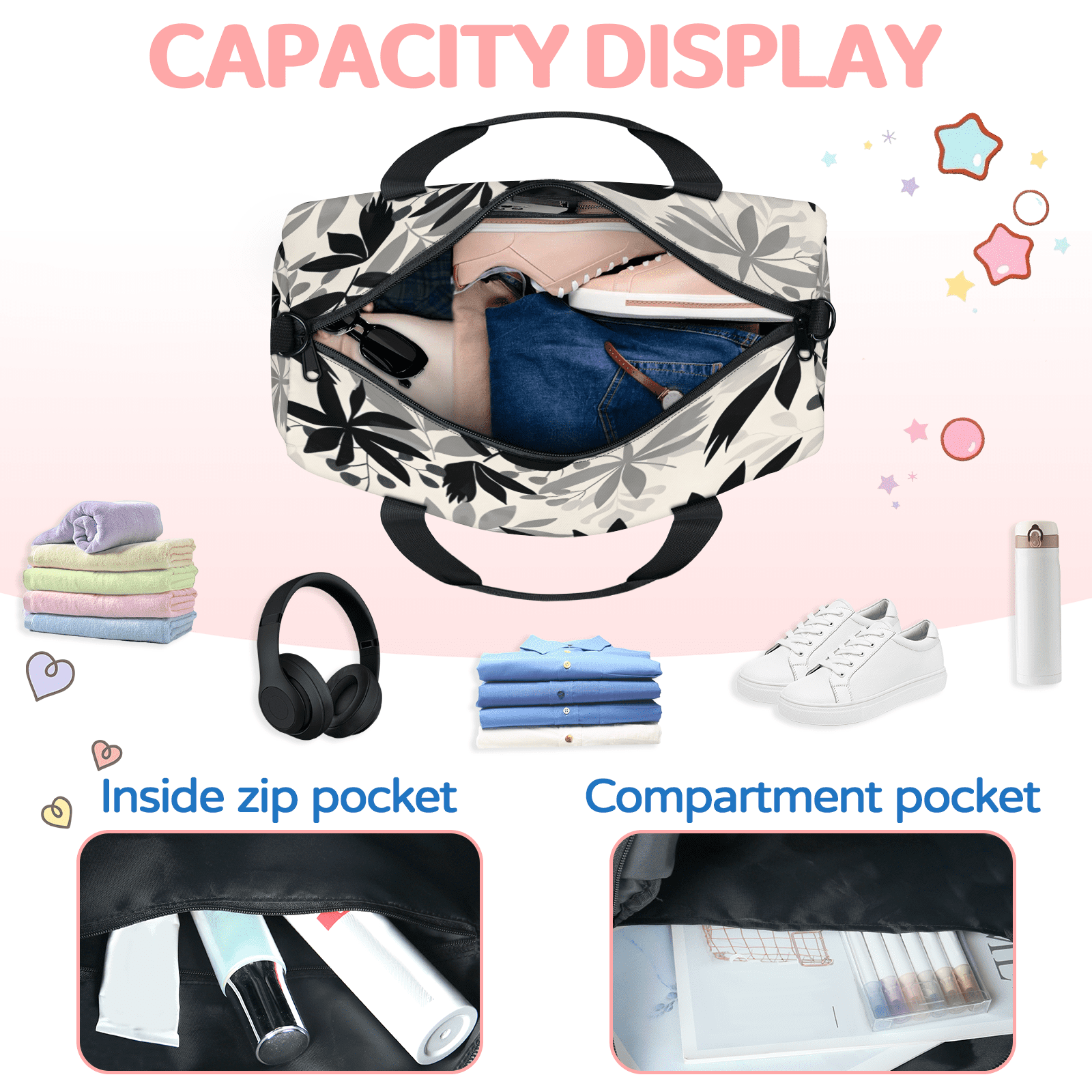 Herdesigns Leaves Gym Bag for Women, Duffle Bag for Travel Sport, Plant Leaves Lightweight Waterproof Carry on Weekender Dance Yoga Workout Bags