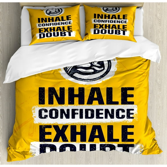 Inhale Exhale Queen Size Duvet Cover Set, Motivation Quote with Muscle Arms Sports Confidence Activity, Decorative 3 Piece Bedding Set with 2 Pillow Shams, Earth Yellow Indigo White, by Ambesonne