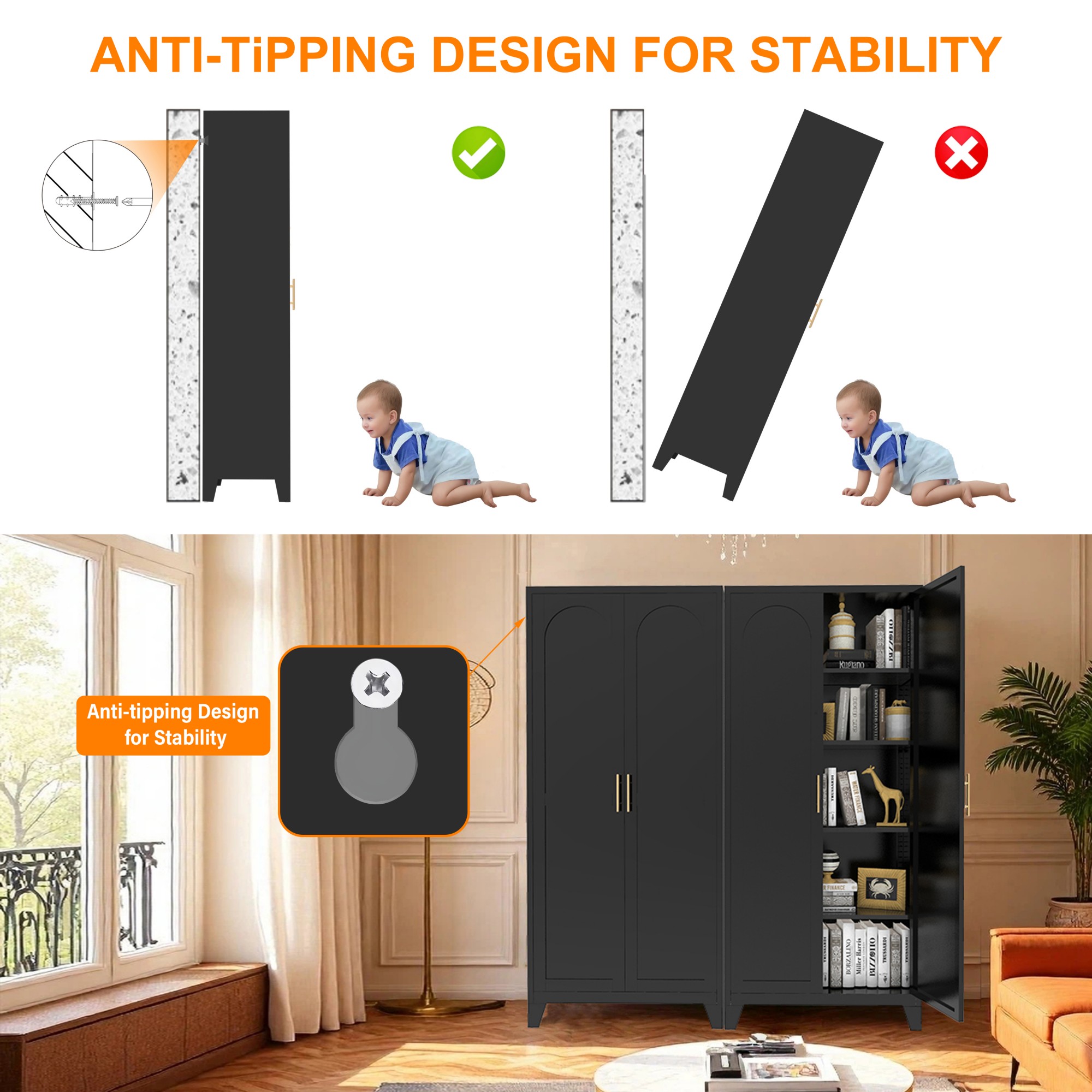 HOQBN 71 Inch Metal Storage Cabinet with 2 Doors,Tall Steel Cabinet with Adjustable Shelves,Freestanding Floor Storage Cabinet for Bedroom,Living Room,Kitchen,Office,Pantry,Black