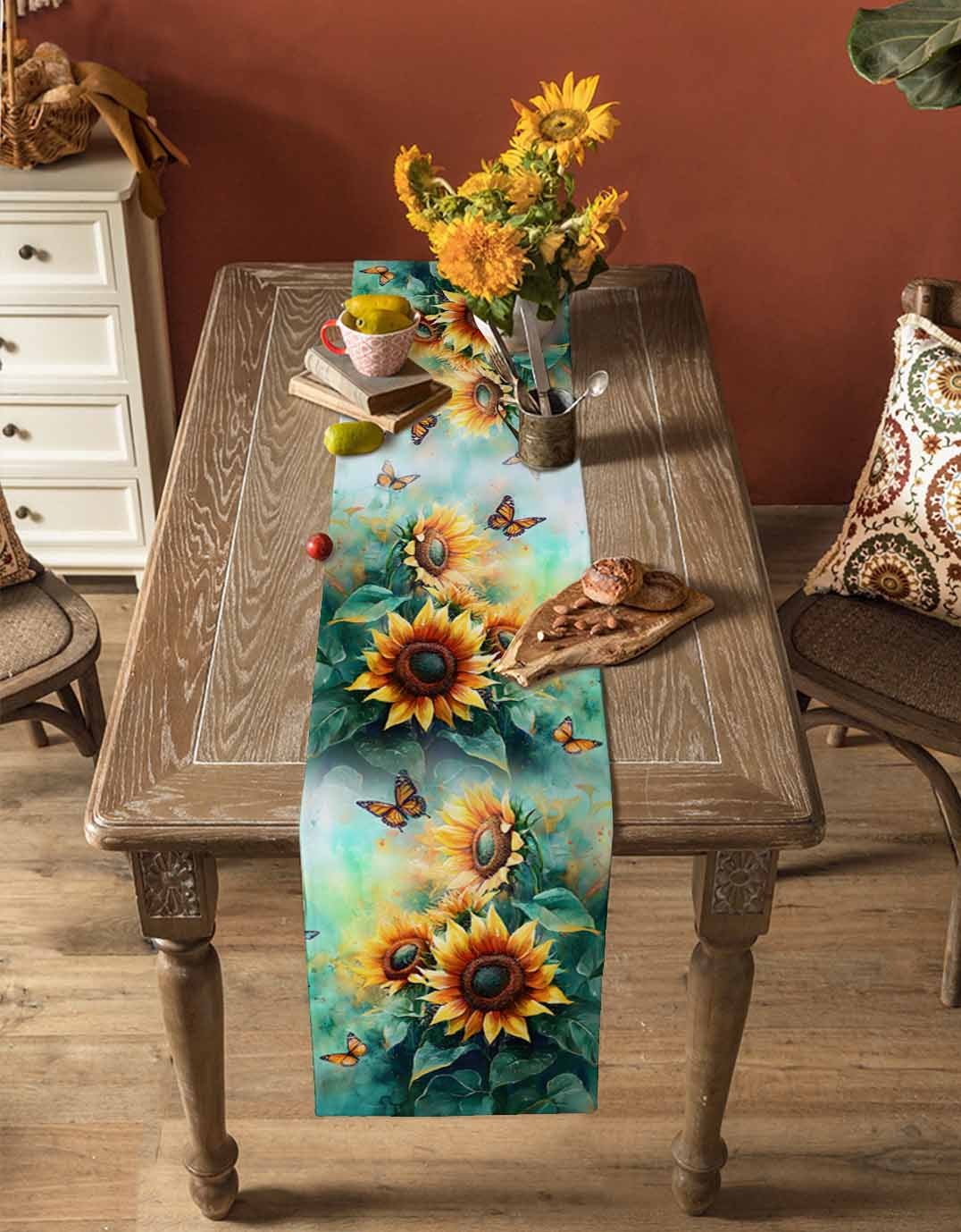 Table Runner Dresser Scarf 18 x 72 Inch Watercolor Sunflower Floral Butterfly Teal Green Leaf Table Runners Non-Slip Heat Kitchen Dining Table Decor for Indoor Outdoor Home Party Decoration