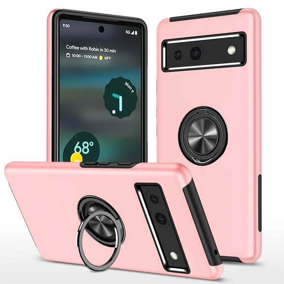 for Google Pixel 8 Case with Ring Stand, 360° Rotatable Ring Holder Magnetic Kickstand, 2-Layer Heavy Duty Shockproof Rugged Hybrid Hard PC Soft Rubber Case for Google Pixel 8, Rosegold