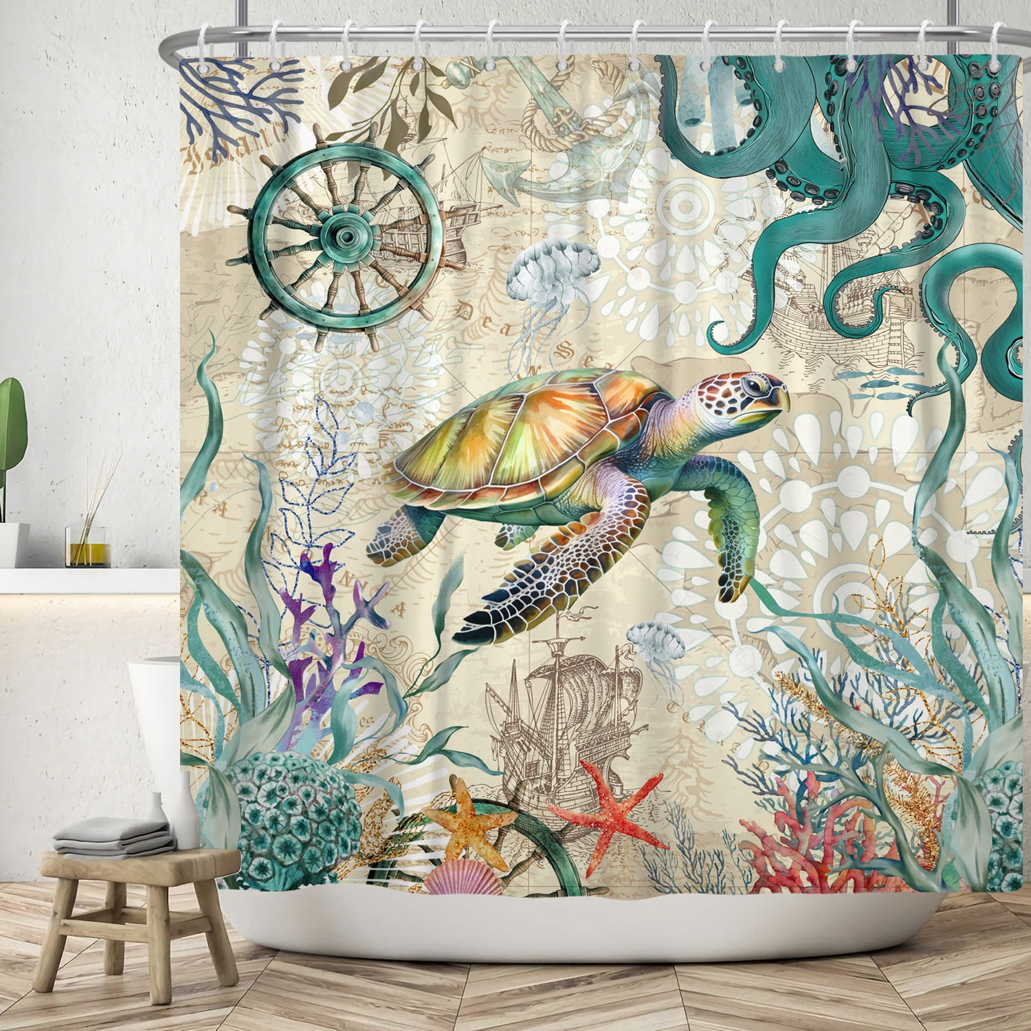 SUNOLIFE Sea Turtle and Octopus Shower Curtain,Nautical Coastal Beach Theme Waterproof Fabric Bathroom Curtain with Hooks,72x72 in