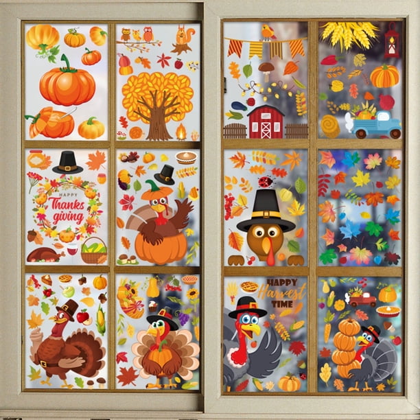 AJKSFHIU Adhesivos para ventanas de Acción de Gracias de otoño, Adhesivos para ventanas de calabazas de otoño, Adhesivos para ventanas de hojas de arce de Halloween, Adhesivo de pavo, Adhesivo de