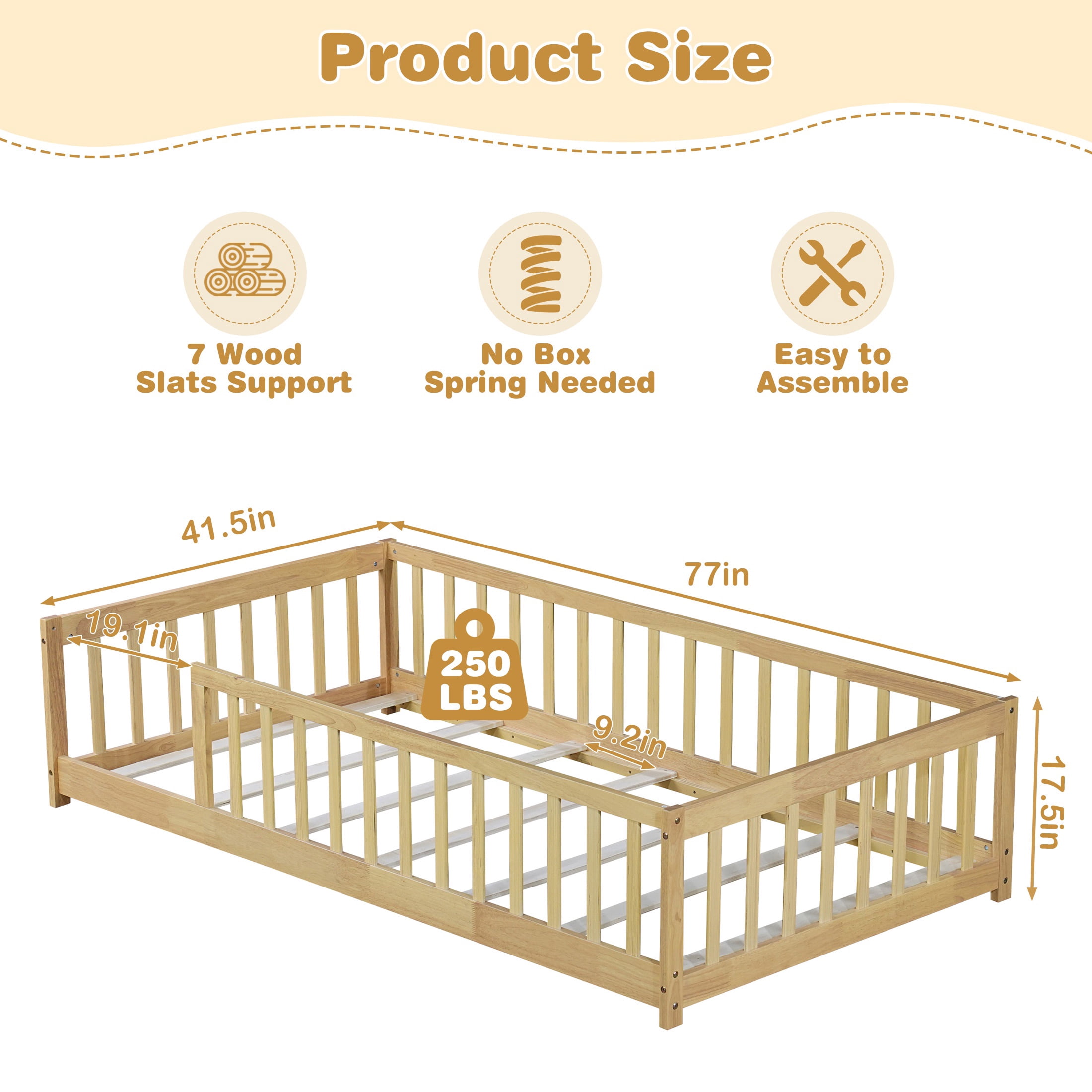 PORKISS Twin Floor Bed with Guardrails, Natural Montessori Floor Bed Frame for Kids, Wood Toddler Bed Frame with Slats, Low Profile Kids Bed, Open Entry, No Box Spring Needed