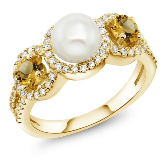 Gem Stone King 1.32 Ct Round Yellow Citrine 18K Yellow Gold Plated Silver Cultured Freshwater Pearl Ring