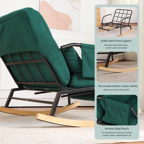 Oversized Corduroy Nursery Glider Rocker Recliner, Pull-Out Footrest, Adjustable Backrest, Green
