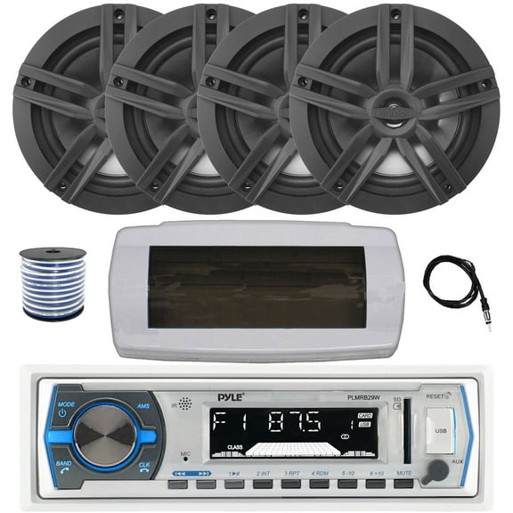 Pyle PLMRB29W Single DIN Bluetooth Marine MP3 AM/FM Stereo Receiver with White Cover, 22" Radio Antenna, Wire, 4x 6.5" 180 Watt Max Power 2-Way Water Resistant Audio Speakers (Black)