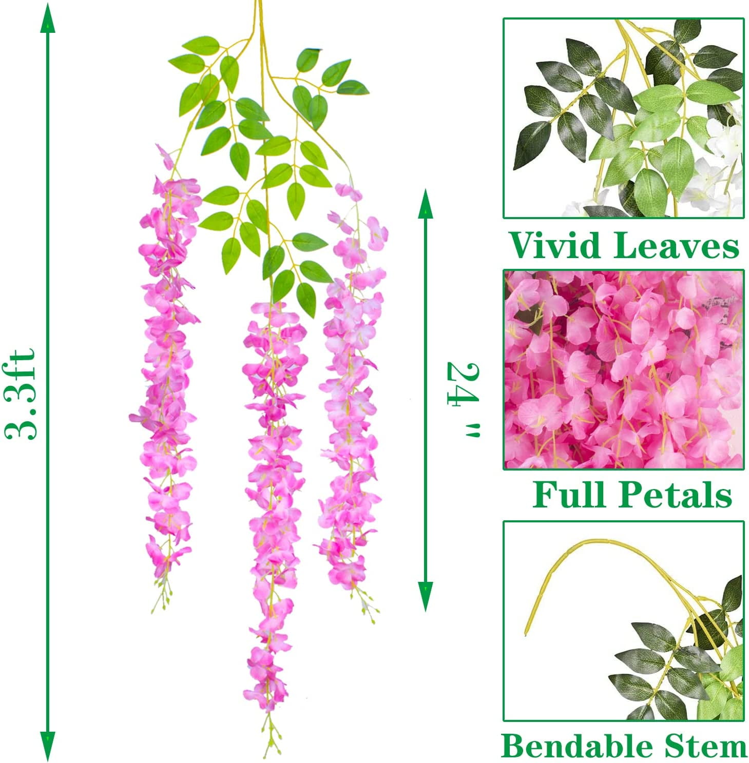 24 Pack Artificial Fake Wisteria Vine Ratta (3.75 Feet) Hanging Garland Silk Flowers String Home Party Wedding Decor(Purple)