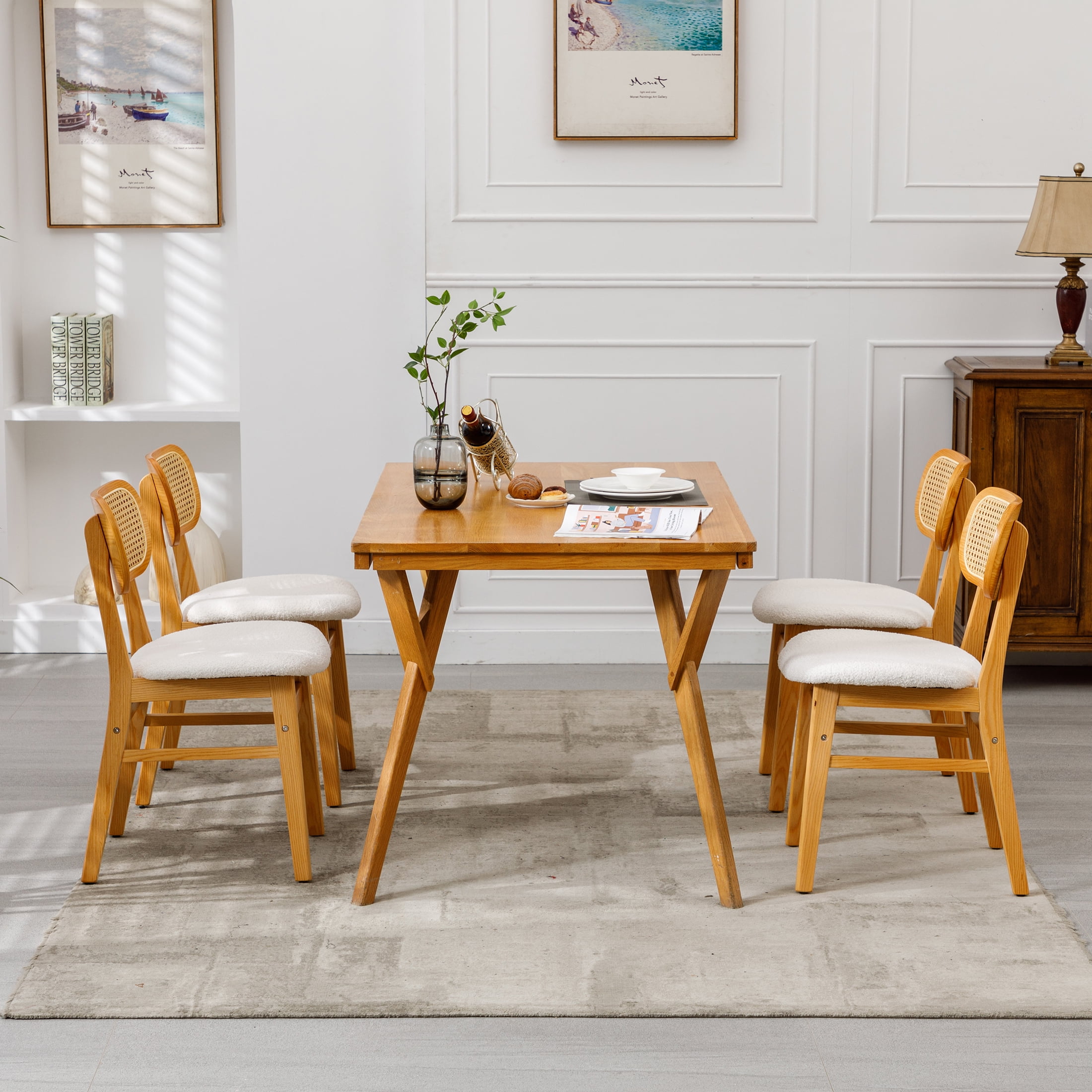Guyou Rattan Dining Chairs Set of 4, Farmhouse Natural Wooden Dining Side Chairs, Mid Century Modern Sherpa Upholstered Kitchen Chairs with Cane Back for Dining Room Kitchen Living Room, Beige