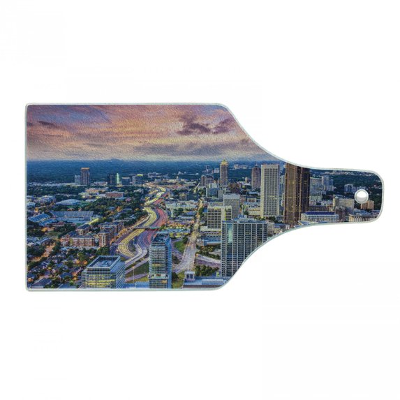 Modern Cutting Board, Atlanta City Skyline at Sunset with Syk Georgia Town American View, Decorative Tempered Glass Cutting and Serving Board, Wine Bottle Shape, Pale Pink Grey Blue, by Ambesonne