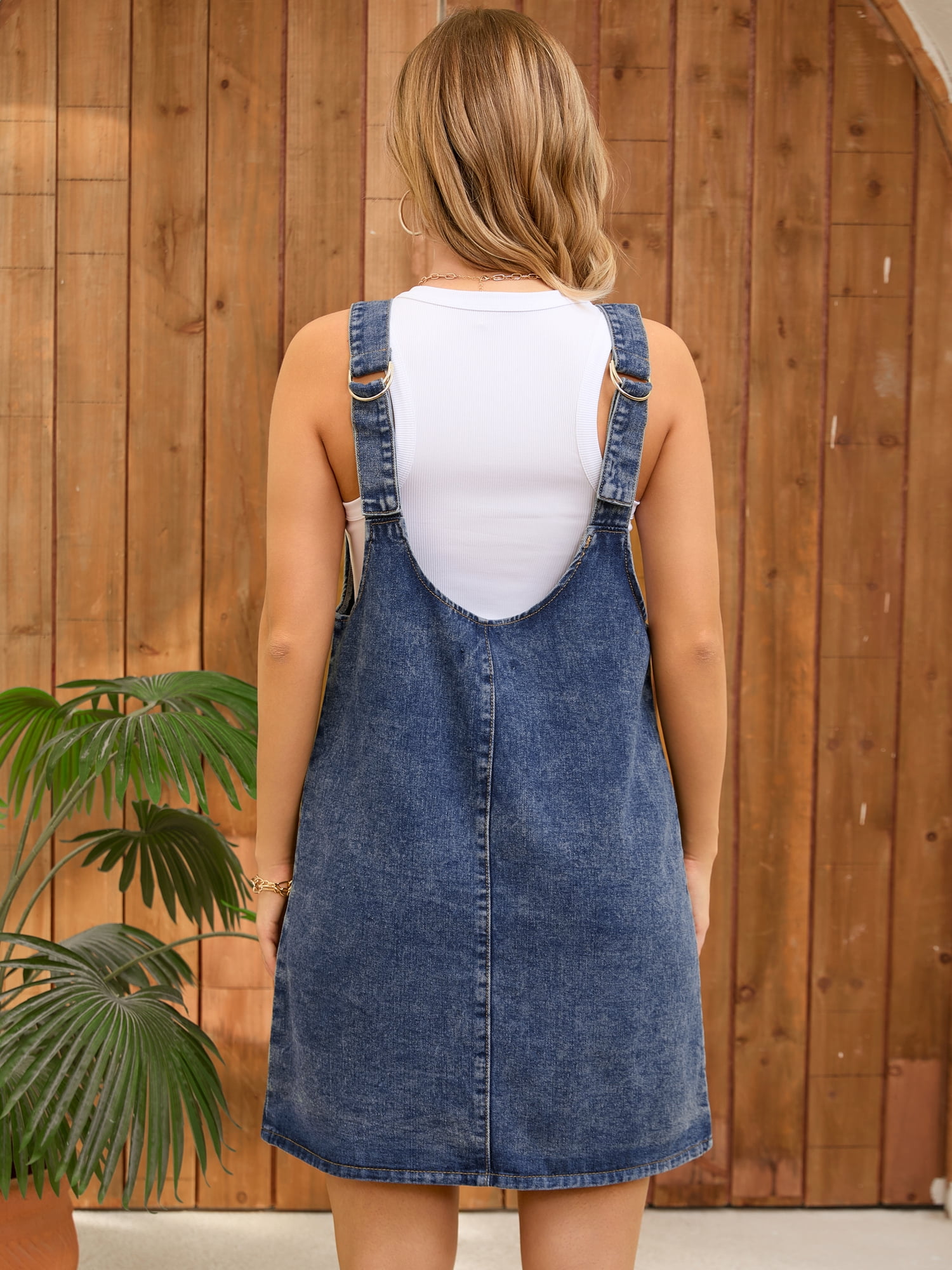 DARING DIVA Women's Loose Sleeveless Pinafore Mini Denim Dresses M Blue