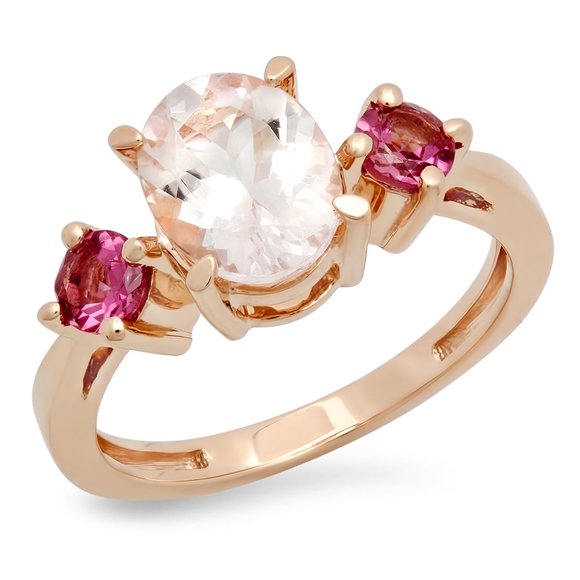 Dazzlingrock Collection 14K Oval Cut Morganite & Round Cut Tourmaline Ladies Bridal 3 Stone Engagement Ring, Rose Gold, Size 4.5