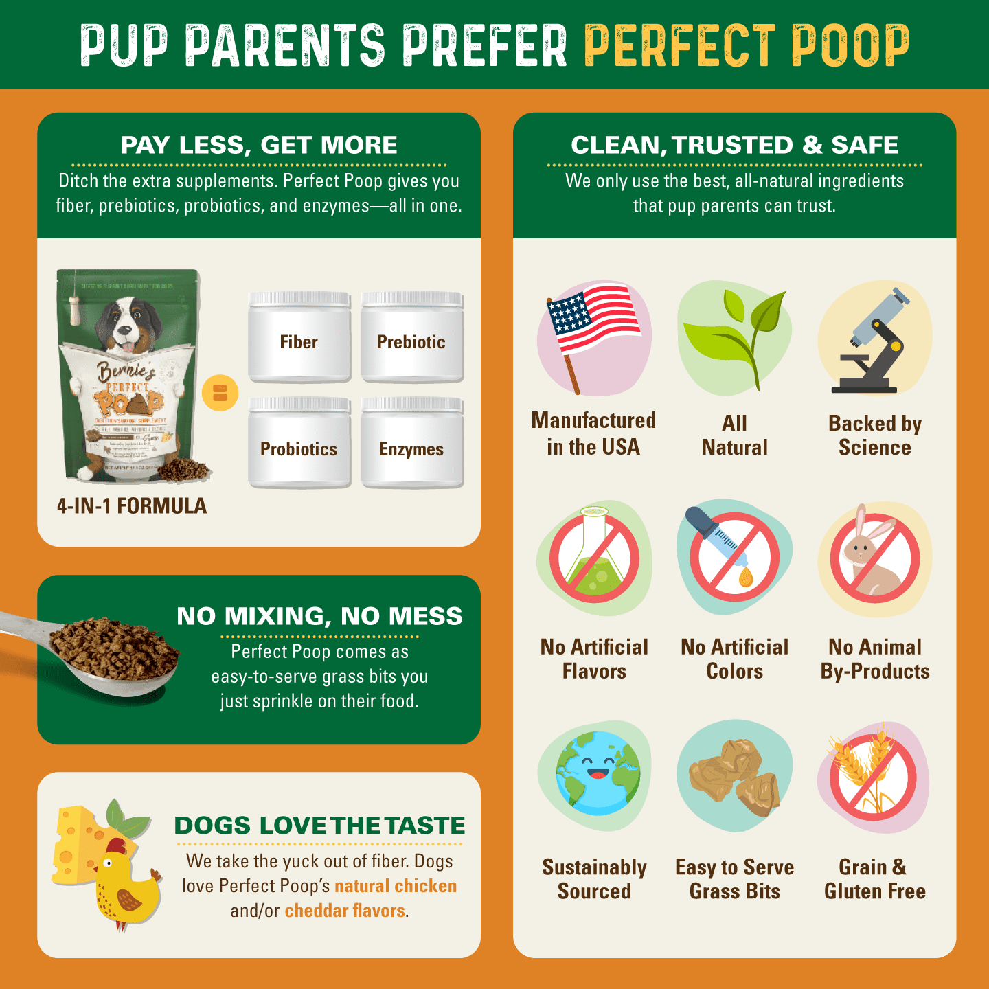 Bernie’s Perfect Poop Digestive Supplement for Dogs, 4.2 oz Chicken, 4-in-1 Formula with Prebiotics, Probiotics, Fiber & Enzymes