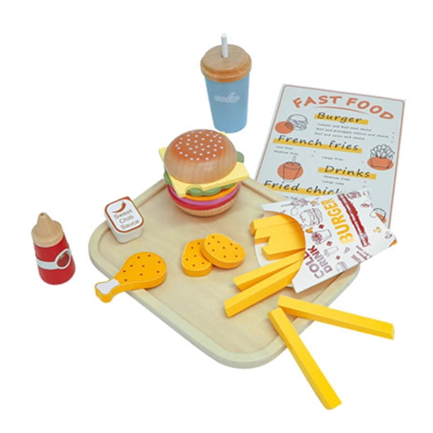 Accesorio de cocina de madera para apilar hamburguesas, papas fritas y refrescos Montessori, juguete de comida extraíble