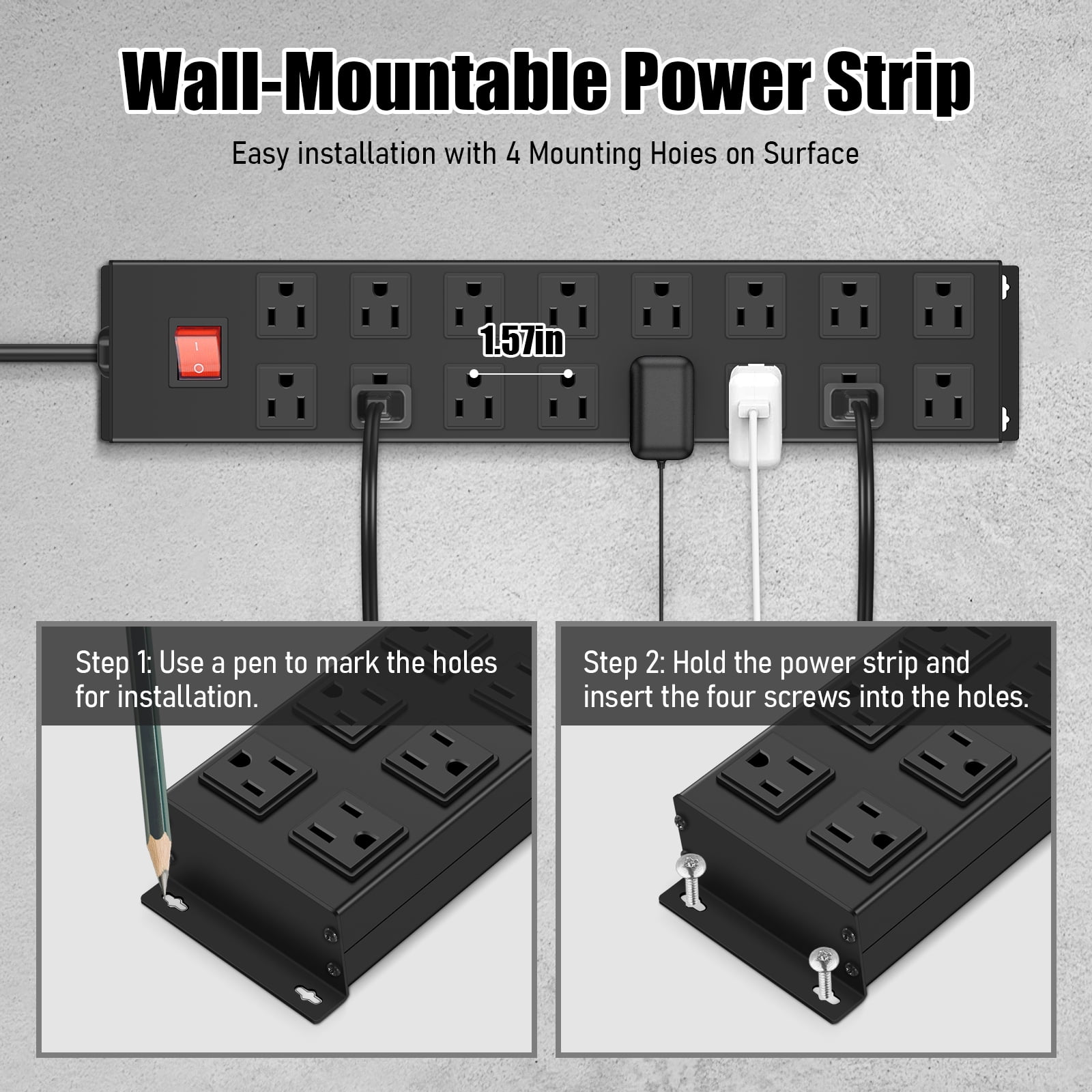 VILONG Heavy-duty 16-outlet surge-protected power strip, 1200J/1875W, wall-mounted power strip with a 6-foot power cord, suitable for garage workbenches, office desks, gaming PCs, and computers