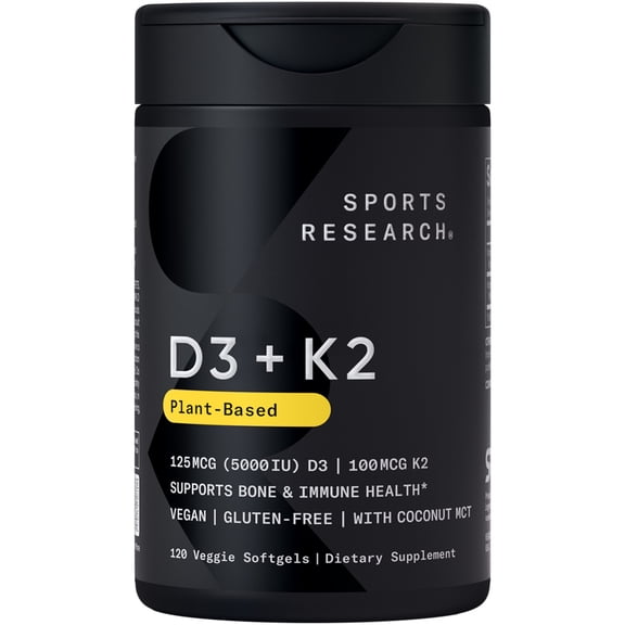 Sports Research® Vitamin D3 K2 5000iu Plant-Based D3 100mcg Vitamin K2 as MK-7 - (120 Softgels)