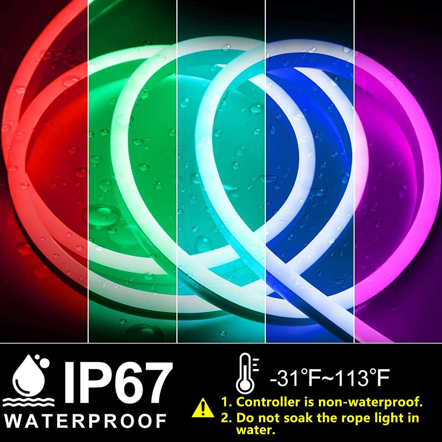 Brillihood 50ft/15m LED RGB Neon Rope Light, 120V (150ft Max) Linkable Light Strip, IP67 Waterproof, Multicolor Neon Strip Lighting with RF Remote Controller for Indoor Outdoor Ambient Decoration