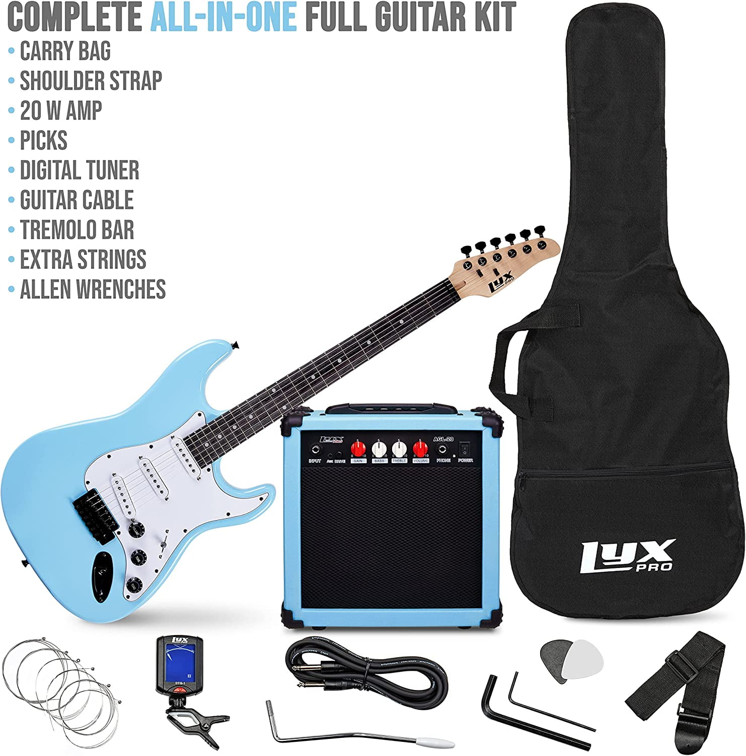 LyxPro Electric Guitar 39 Inch Beginner Kit w/ 20W Amp, Accessories - Retro Blue