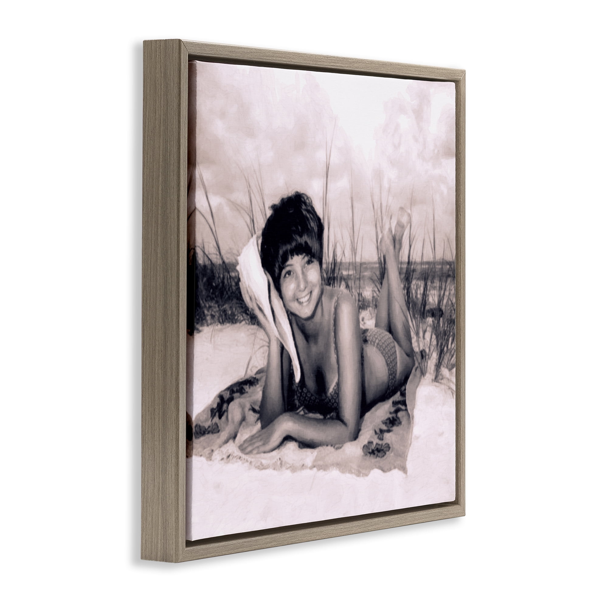 Stupell Industries Vintage Summer Girl with Conch Brown Framed Floater Canvas Wall Art, design by Grotto Studios