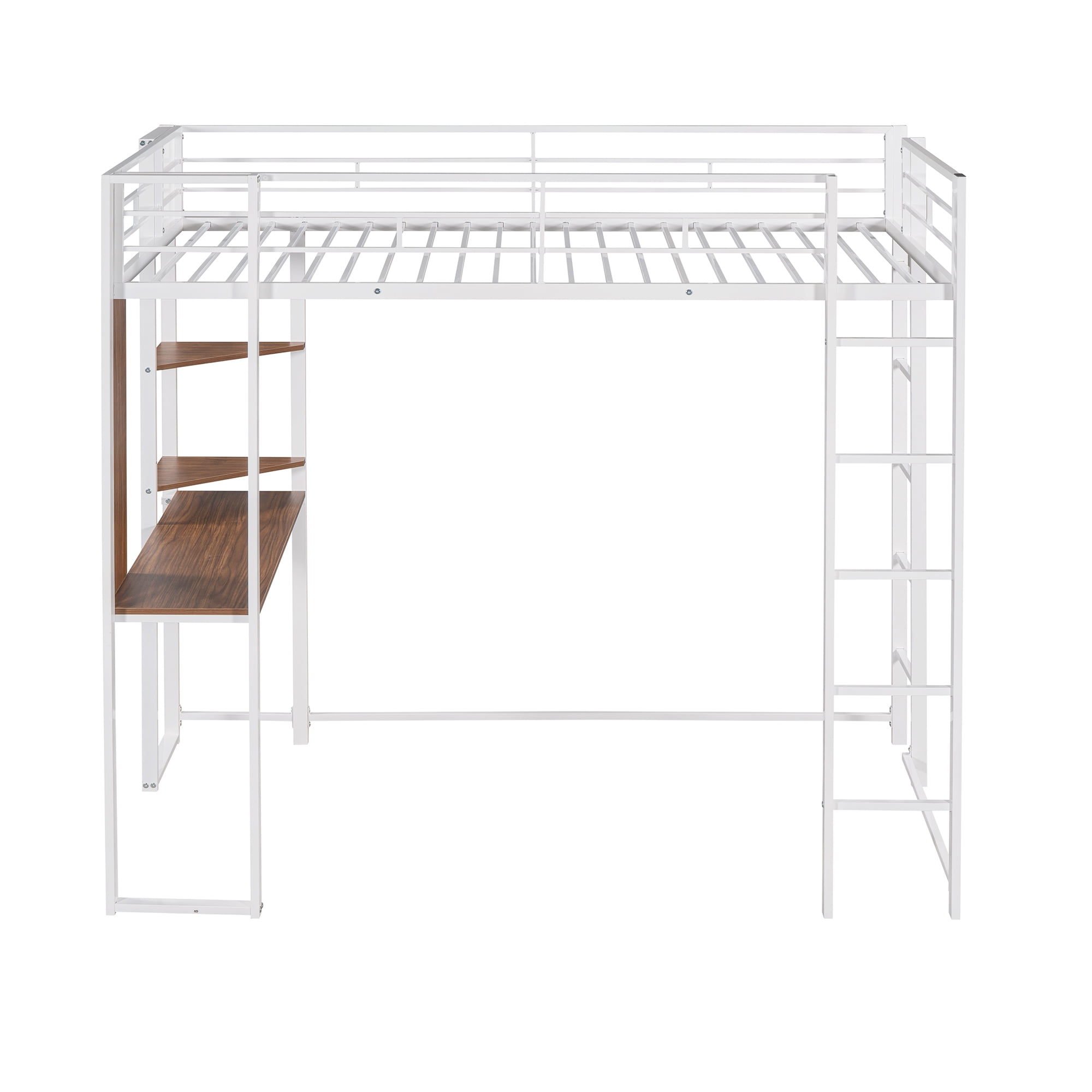 Gewnee Metal Twin Size Loft Bed with Desk, Two Shelves and Built-in 2 Ladders for Kids Teens,White
