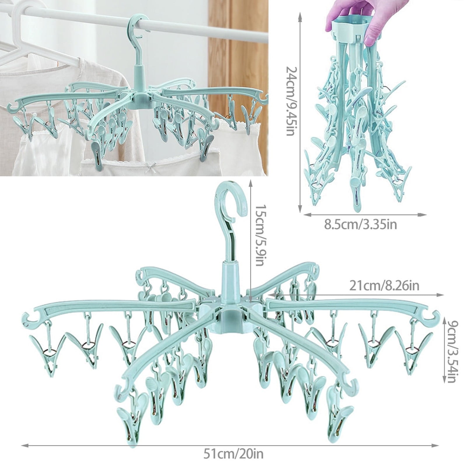 Foldable Drying Rack with 24 Clips for Drying Socks Lingerie Clothes, Heavy Duty Hanging Drying Rack, Drying Towels Rotatable Sock Drying Rack, 1 Pcs, 3.35x9.45"