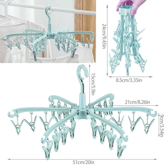 Bizhua 24-Clip Folding Hanger Bluesock Drying Rack 24 Clips Plastic Laundry Clothes Hanger Rotatable Hanger Sock Dryer Foldable Portable Clothes Drying Rack Folding Sock Hanger