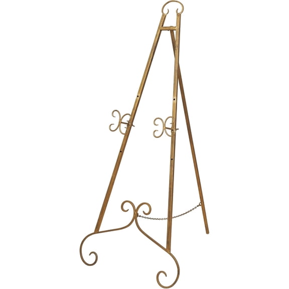 FURNO Metal Scroll Large Free Standing Adjustable Display Stand Easel with Chain Support, 22" x 21" x 46", Gold