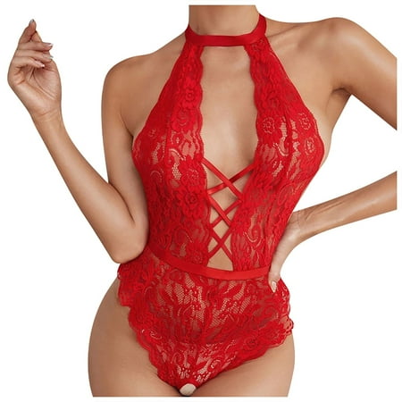 

DNDKILG Women s Lace Bodysuit Deep V Neck Lingerie Sleepwear Teddy One Piece Babydoll Red L