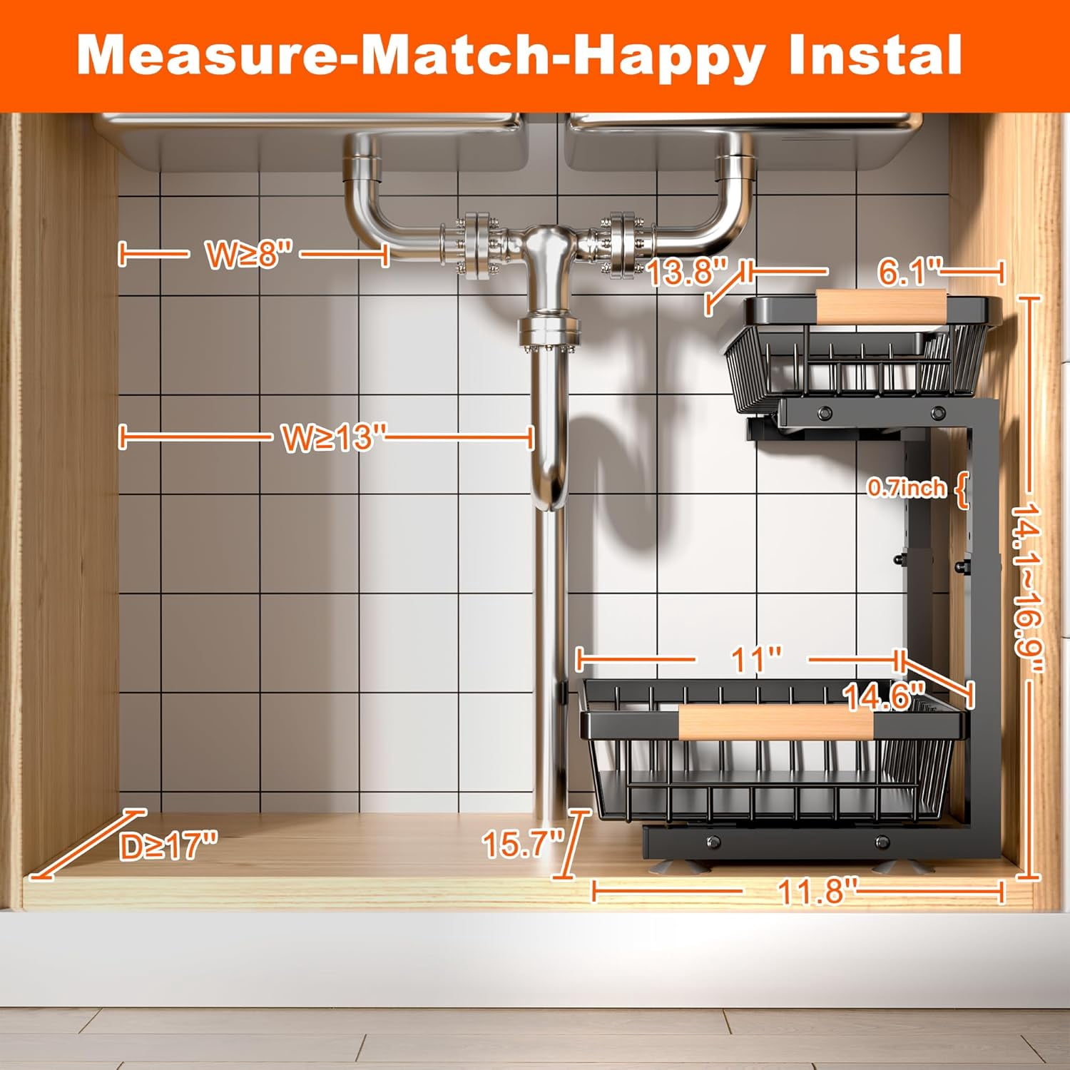 Under Sink Organizer, 2 Packs 2 Tier Under Sink Organizers and Storage, Slide Out Pull Out Cabinet Organizer Shelf, Metal Sliding Drawer for Kitchen Bathroom Pantry Cabinet Closet Organization Rack