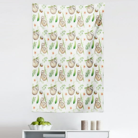 Sloth Tapestry, Sloth and Mother Soft Colored Flowers Coconut Tree Leaves Happy Family, Fabric Wall Hanging Decor for Bedroom Living Room Dorm, 5 Sizes, Pale Brown Green, by Ambesonne