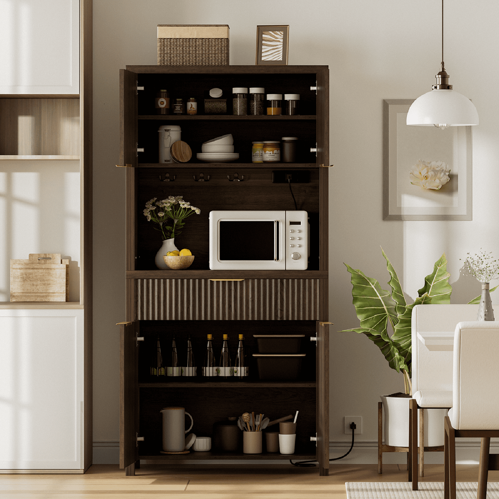 Laintene Kitchen Pantry Cabinet with Charging Station, 71" Tall Pantry Storage with Adjustable Shelves, Fluted Storage Cabinet with Open Countertop and Drawer for Dining Living Room, Walnut