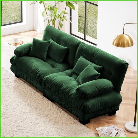 2-Seat Chenille Green Sofa with Pillows | Round Bolster Arms | Cloud-Like Comfort for Living Room