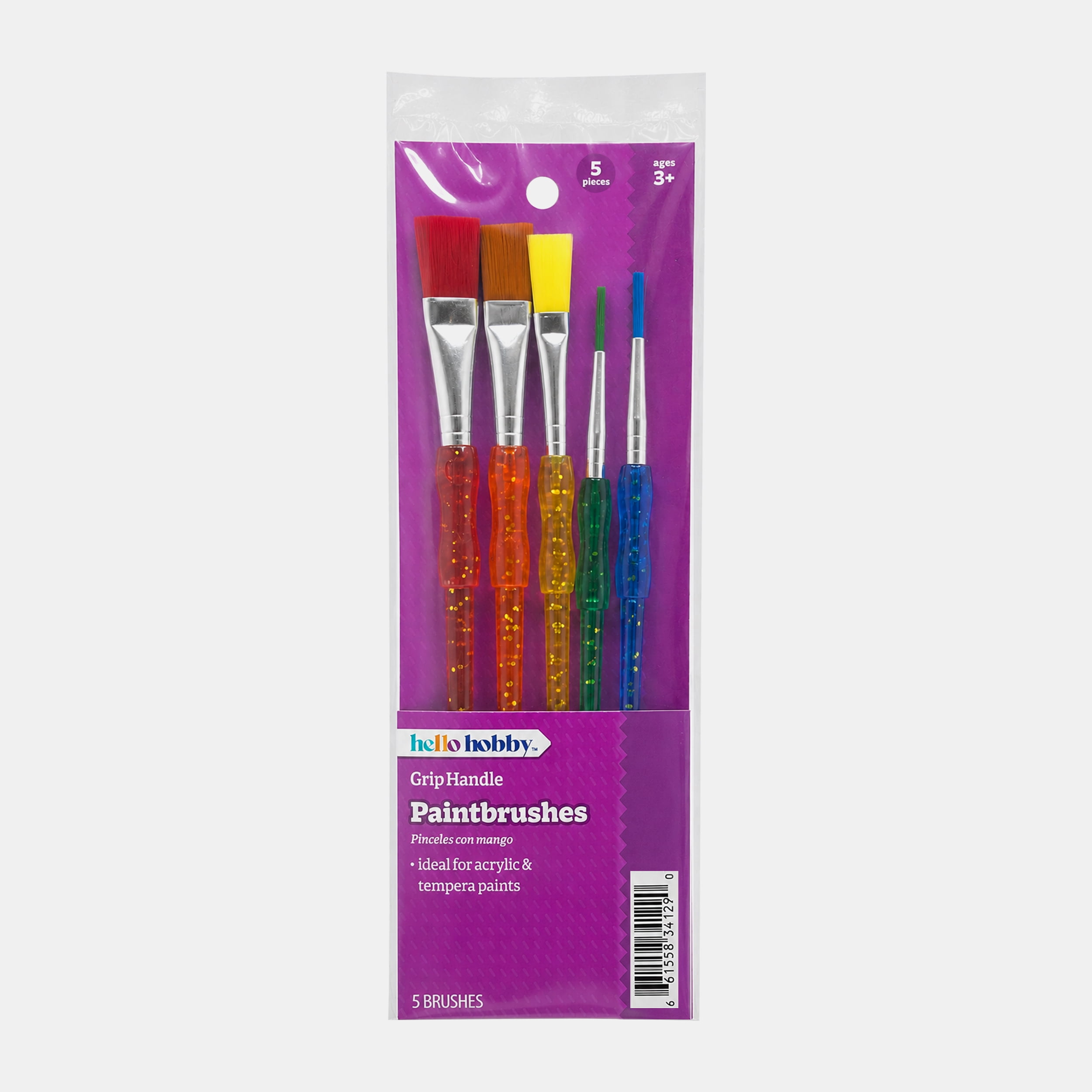 Hello Hobby Easy Grip Synthetic Paint Brushes Set with Glitter Handles, 5 Pieces